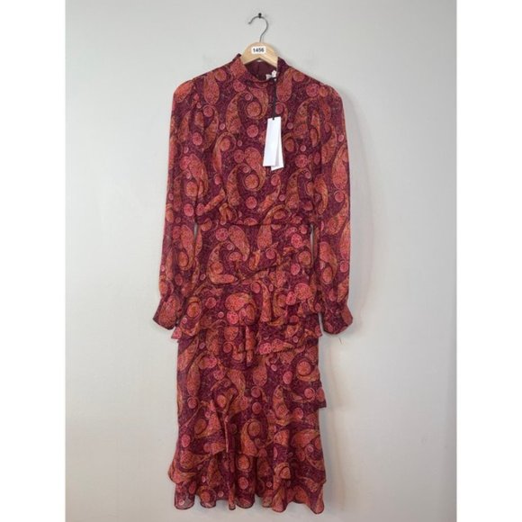 NWT Saloni High Neck Isa Silk Georgette Tiered Ruffle Midi Dress Size: 0 - Picture 2 of 7